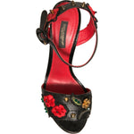 Dolce & Gabbana Black Embossed Carnation Heeled Sandals Shoes LA12373-36