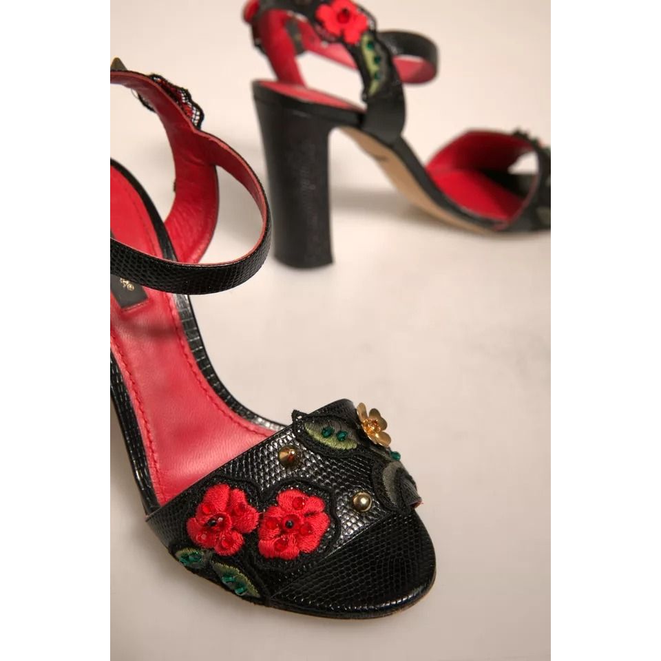 Dolce & Gabbana Black Embossed Carnation Heeled Sandals Shoes