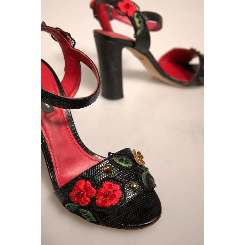 Dolce & Gabbana Black Embossed Carnation Heeled Sandals Shoes LA12373-36