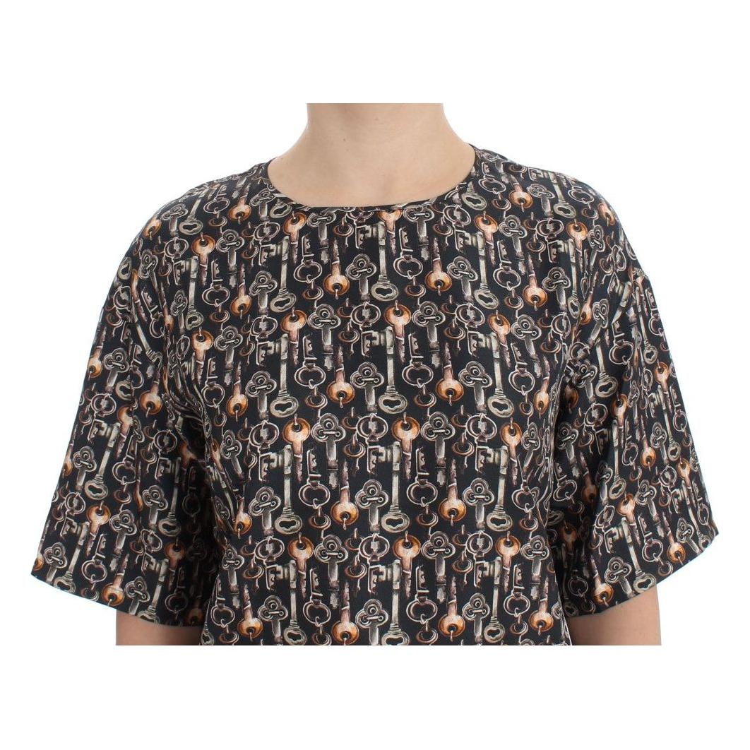 Dolce & Gabbana Gray Gold Key Print Silk Blouse T-shirt