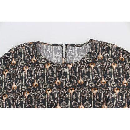 Dolce & Gabbana Gray Gold Key Print Silk Blouse T-shirt