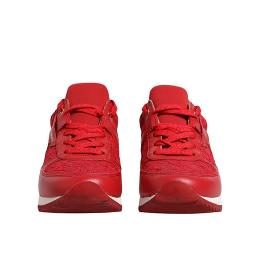 Dolce & Gabbana Red Floral Lace Leather Sneakers Shoes LA12348-36