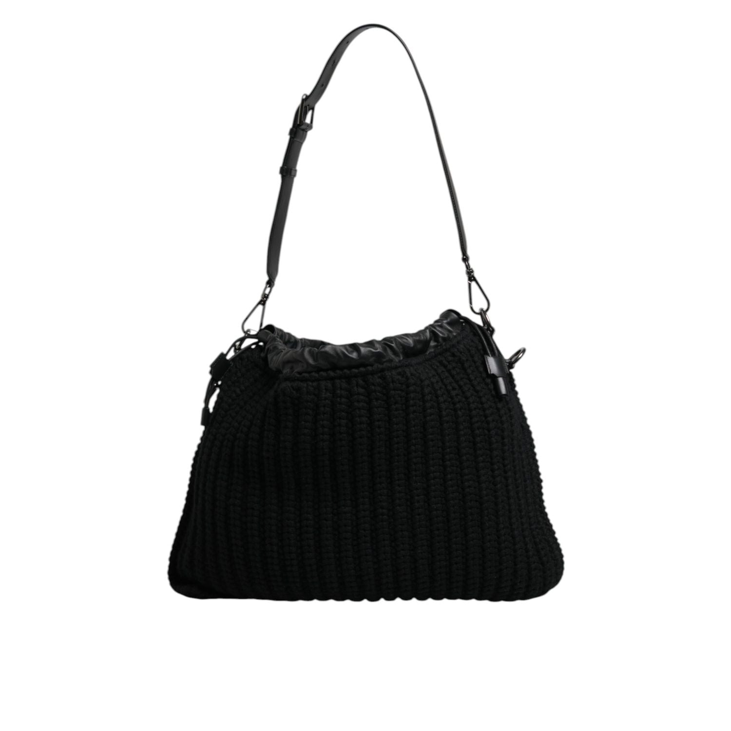 Dolce & Gabbana Black Cashmere Knitted Leather Shoulder Bag
