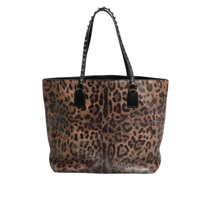 Dolce & Gabbana Brown Black Calfskin Leopard Print Shoulder Tote Bag