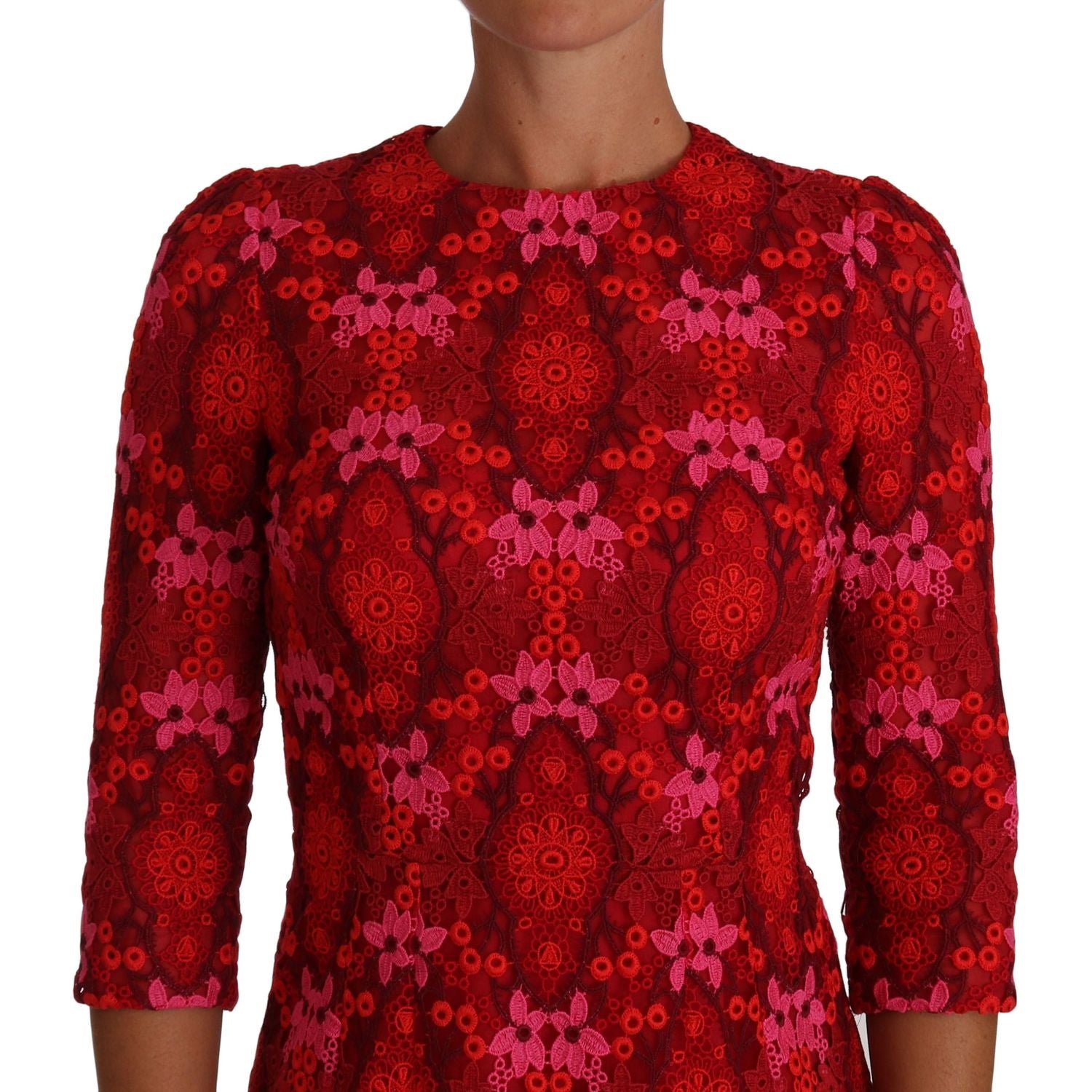 Dolce & Gabbana Floral Crochet Lace Red Pink Sheath Dress