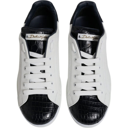 Dolce & Gabbana White Black Leather Portofino Sneaker Shoes