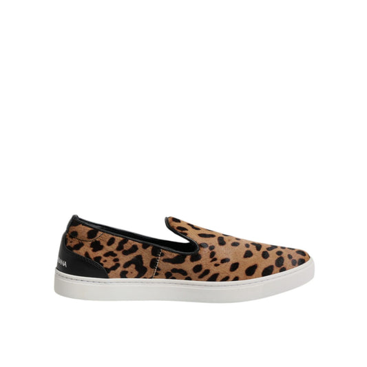 Dolce & Gabbana Brown Calfskin Fur Leopard Sneakers Shoes