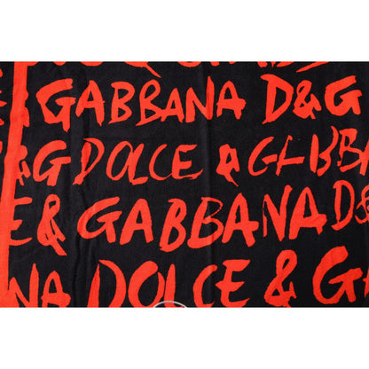 Dolce & Gabbana Black Red Logo Print Cotton Beach Towel