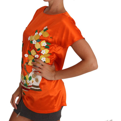 Dolce & Gabbana Silk Orange Lemon Crystal T-shirt Top
