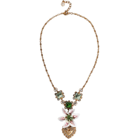 Dolce & Gabbana Gold Brass Lily Crystal Sacred Heart Pendant Necklace SMY10535