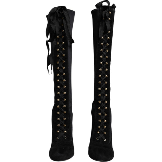 Dolce & Gabbana Black Lace Up Heels High Boots Shoes