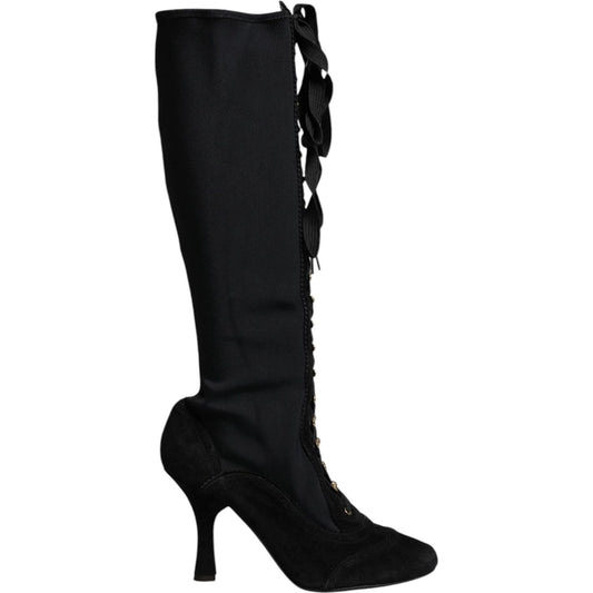 Dolce & Gabbana Black Lace Up Heels High Boots Shoes