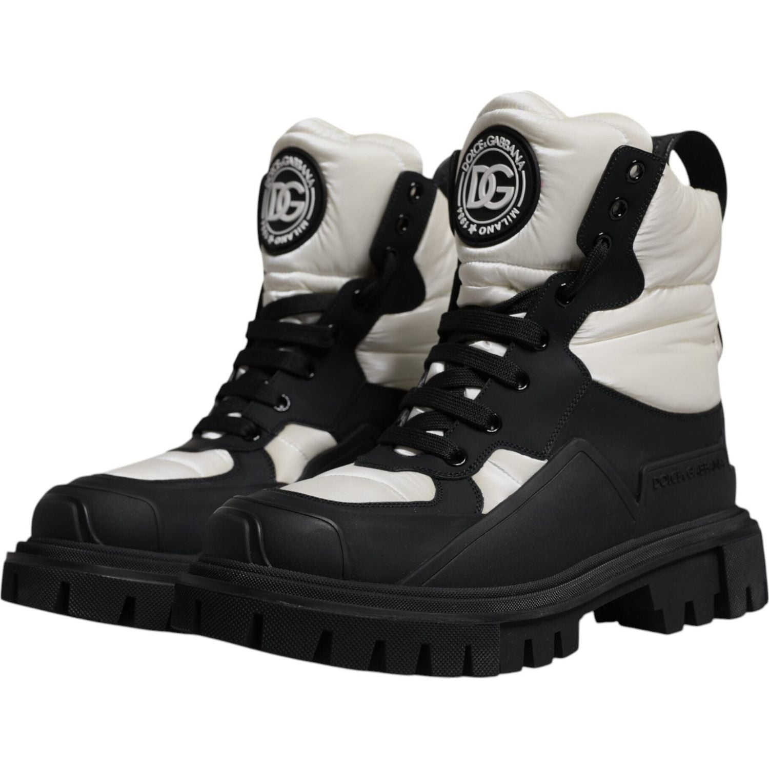 Dolce & Gabbana Black White Padded Mid Calf Lace Up Boots Shoes