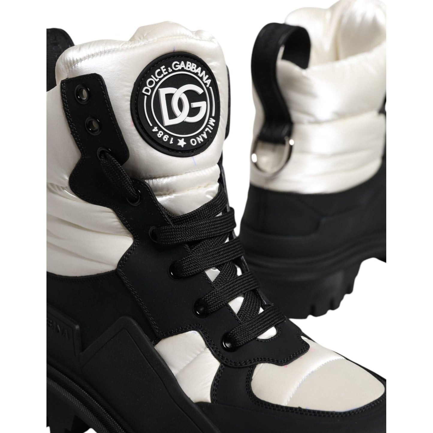 Dolce & Gabbana Black White Padded Mid Calf Lace Up Boots Shoes