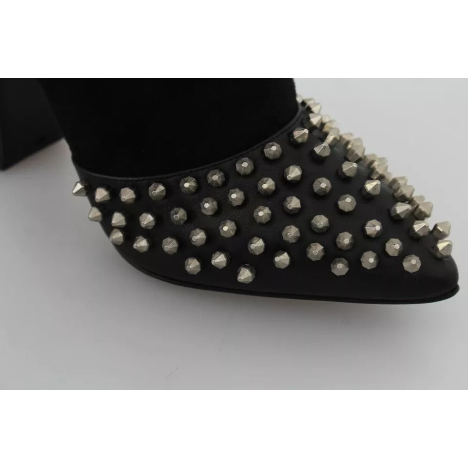 Philipp Plein Black Suede Studded Heels Ankle Boots Shoes