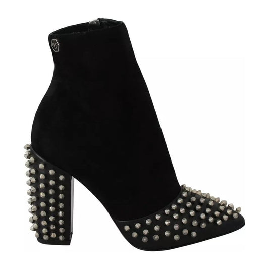 Philipp Plein Black Suede Studded Heels Ankle Boots Shoes