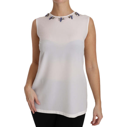 Dolce & Gabbana White Silk Embellished Crystal Dragonfly Top
