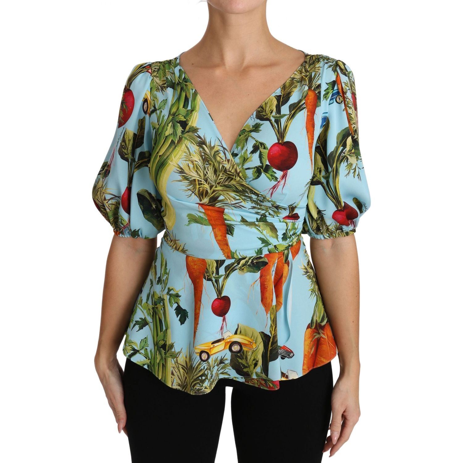 Dolce & Gabbana Multicolor Vegetable Print Silk Top Peplum Wrap Blouse