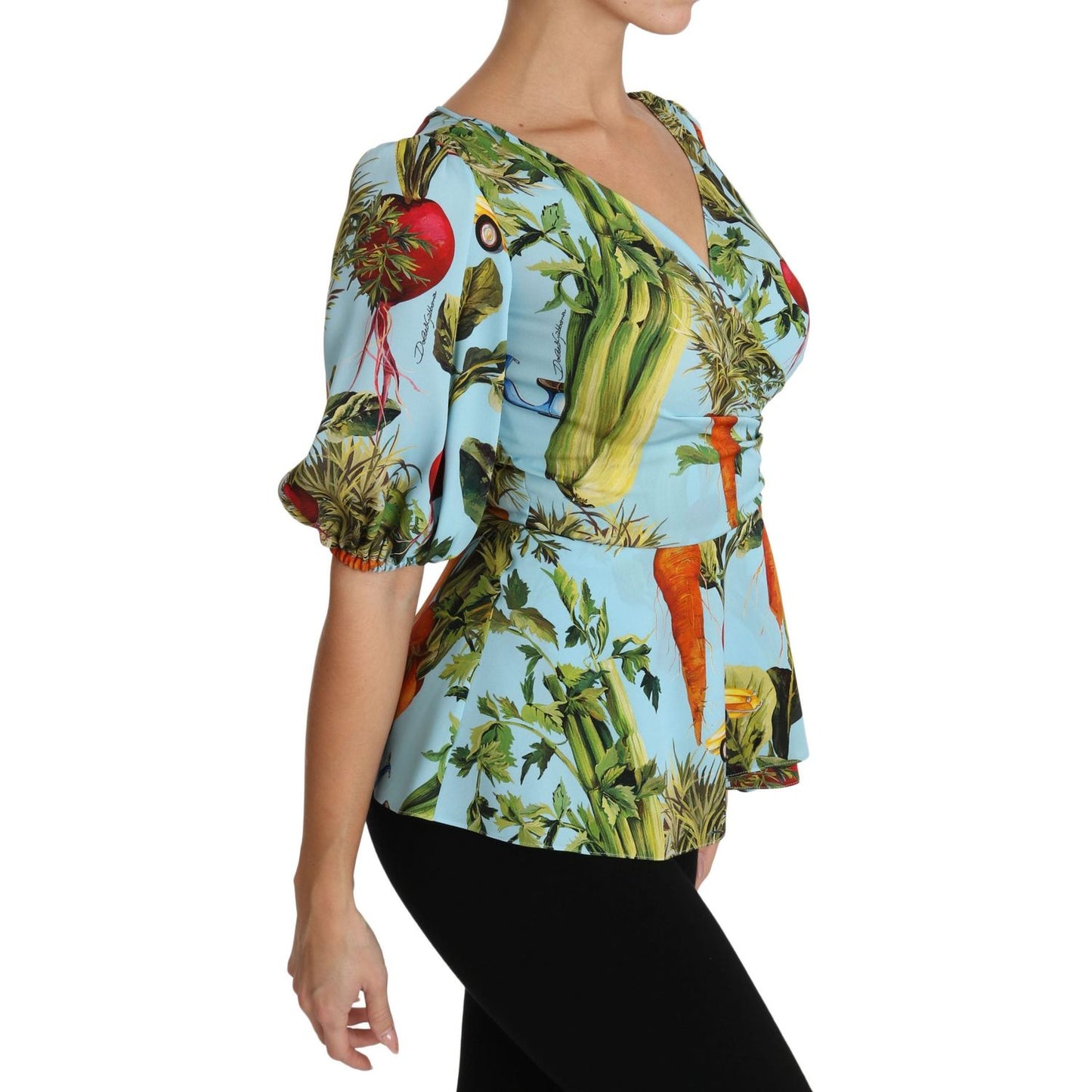 Dolce & Gabbana Multicolor Vegetable Print Silk Top Peplum Wrap Blouse