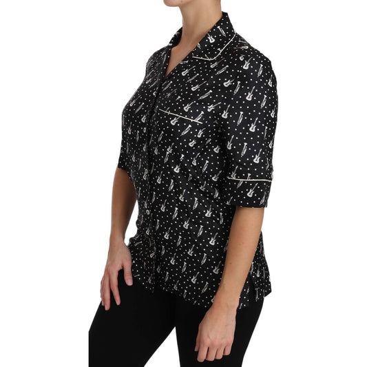 Dolce & Gabbana Black GuitarTrumpet Print Silk Shirt Top TSH3181-42