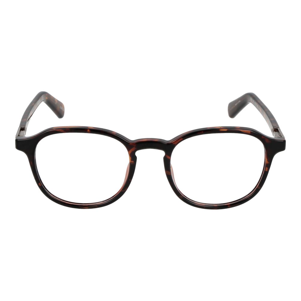 Guess Brown Women Glasses Frame, full-rim round design with plastic material, demo lenses, suitable for women, comes with branded case.