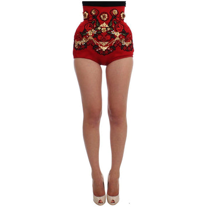 Dolce & Gabbana Red Silk Crystal Roses Shorts