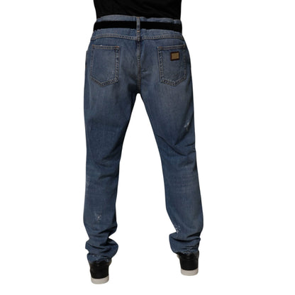 Dolce & Gabbana Blue Tattered Cotton Straight Denim Jeans