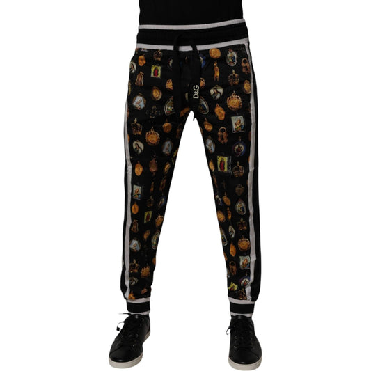 Dolce & Gabbana Black Religious Print Silk Men Jogger Pants
