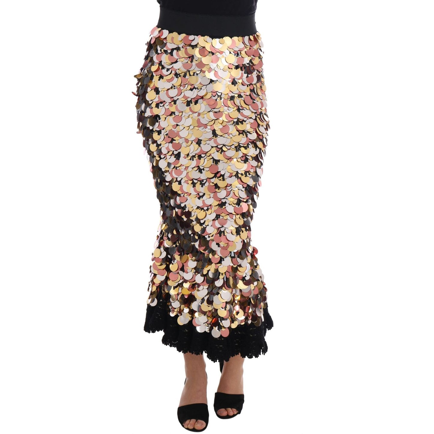 Dolce & Gabbana Gold Sequined Peplum High Waist Skirt