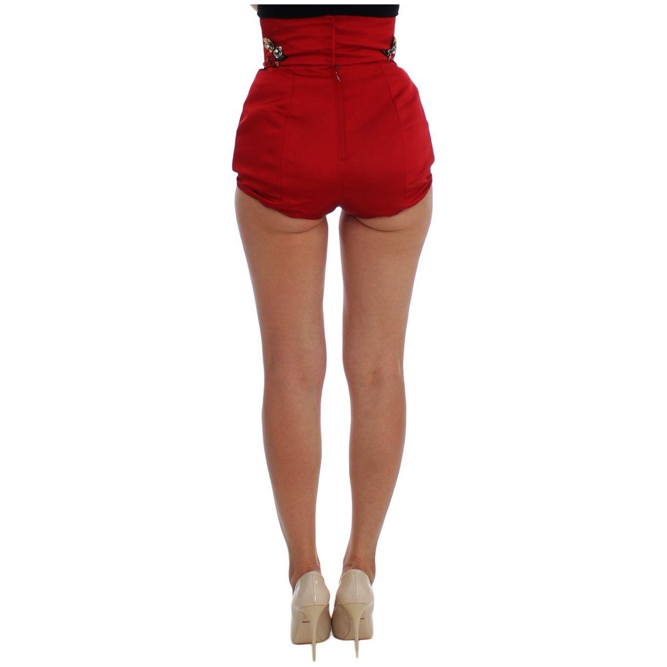 Dolce & Gabbana Red Silk Crystal Roses Shorts