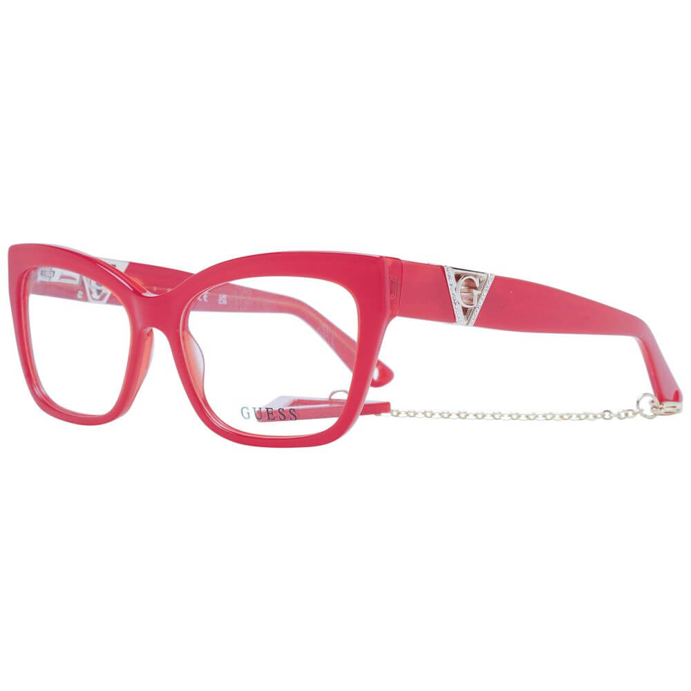 Guess Red Acetate Glasses (Frames) for women with full-rim cat eye design and demo lenses, includes branded case, spring hinge, acetate material.