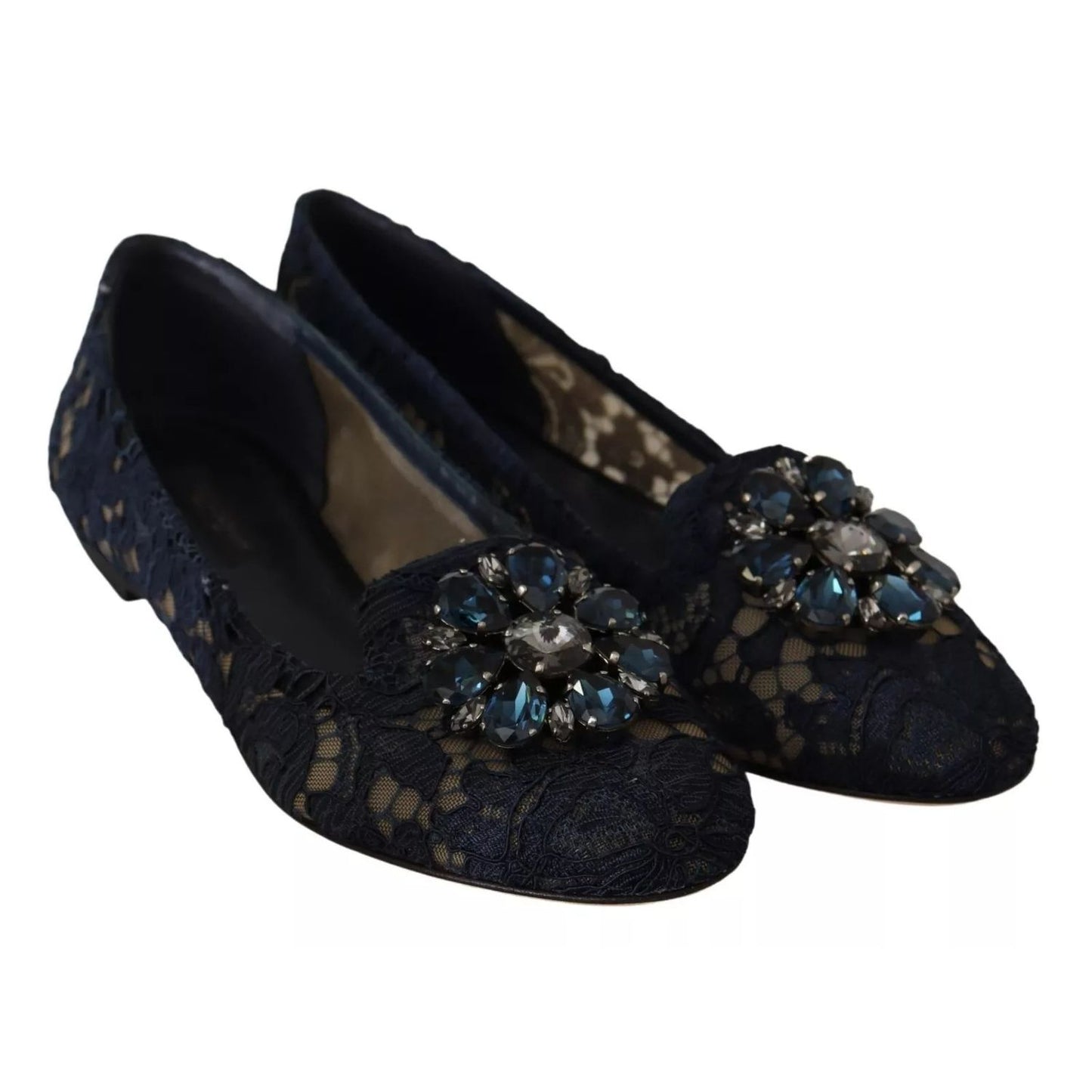 Dolce & Gabbana Blue Crystal Loafer Lace Ballet Flats Shoes