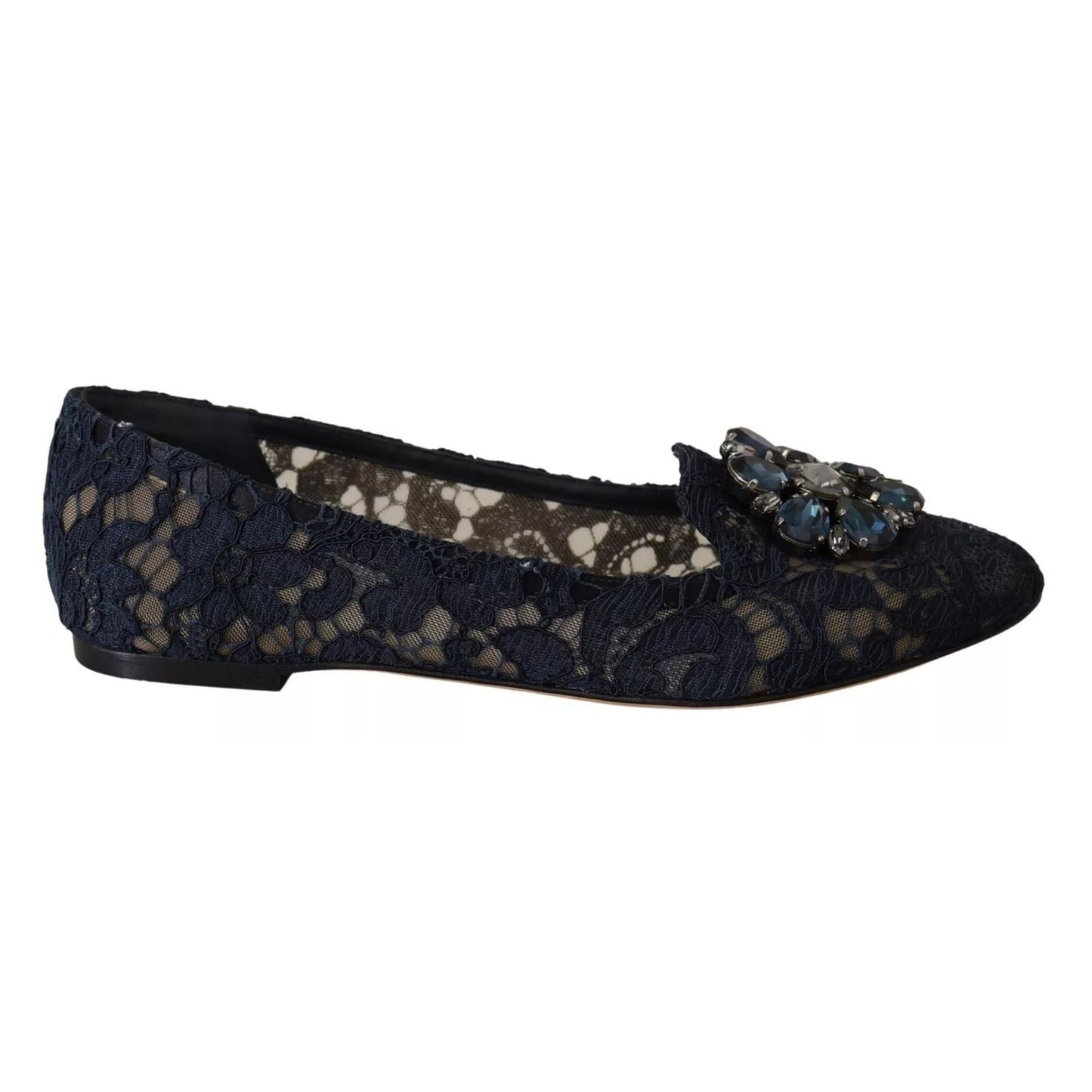 Dolce & Gabbana Blue Crystal Loafer Lace Ballet Flats Shoes