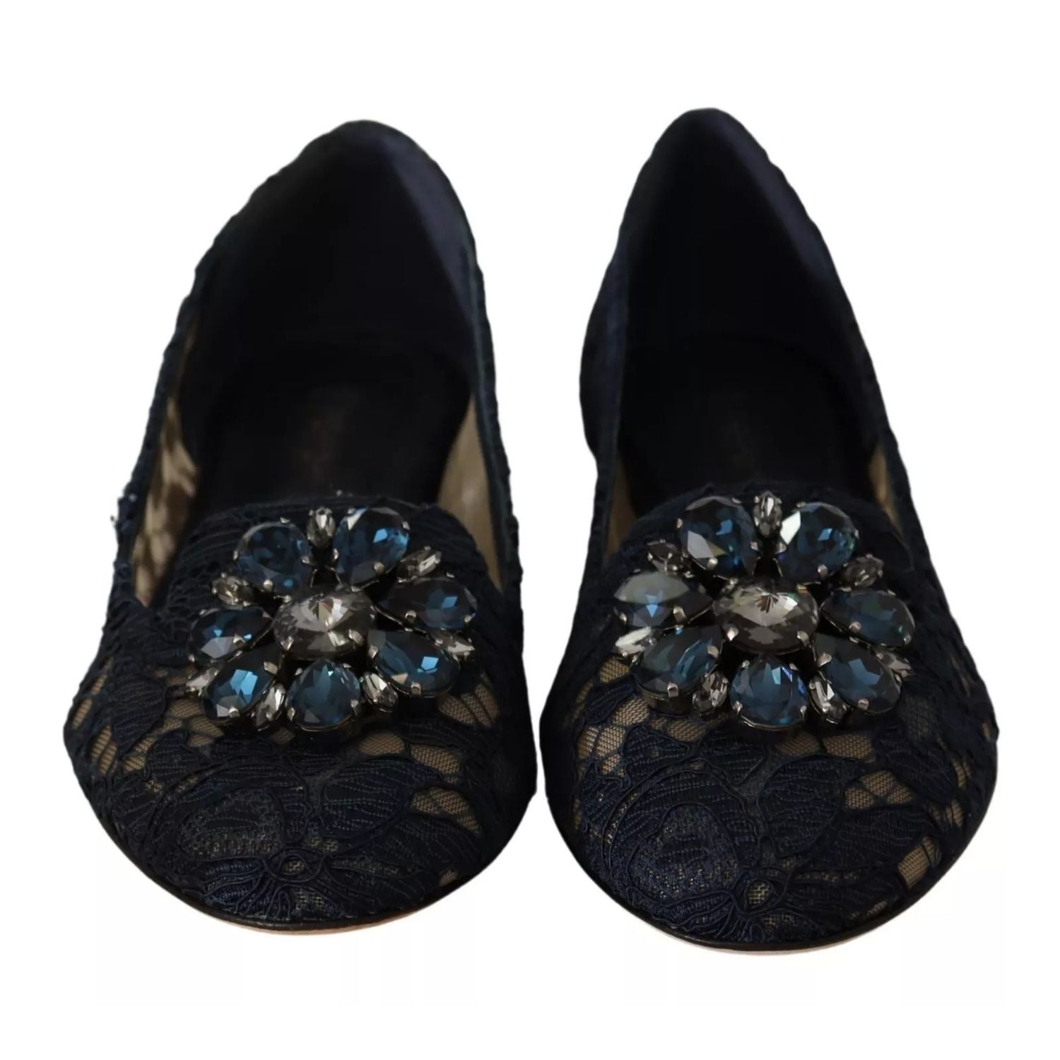 Dolce & Gabbana Blue Crystal Loafer Lace Ballet Flats Shoes