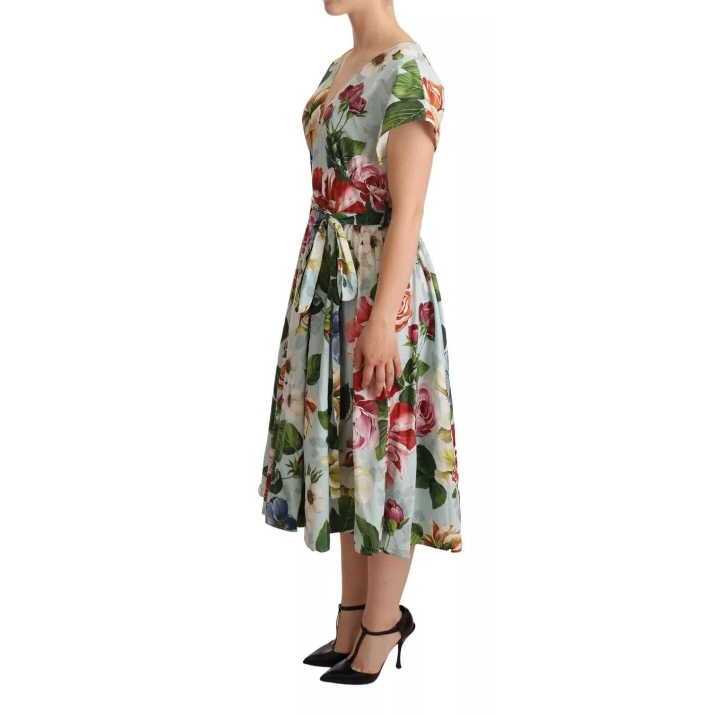 Dolce & Gabbana Green Floral Short Sleeves Cotton V-neck Dress