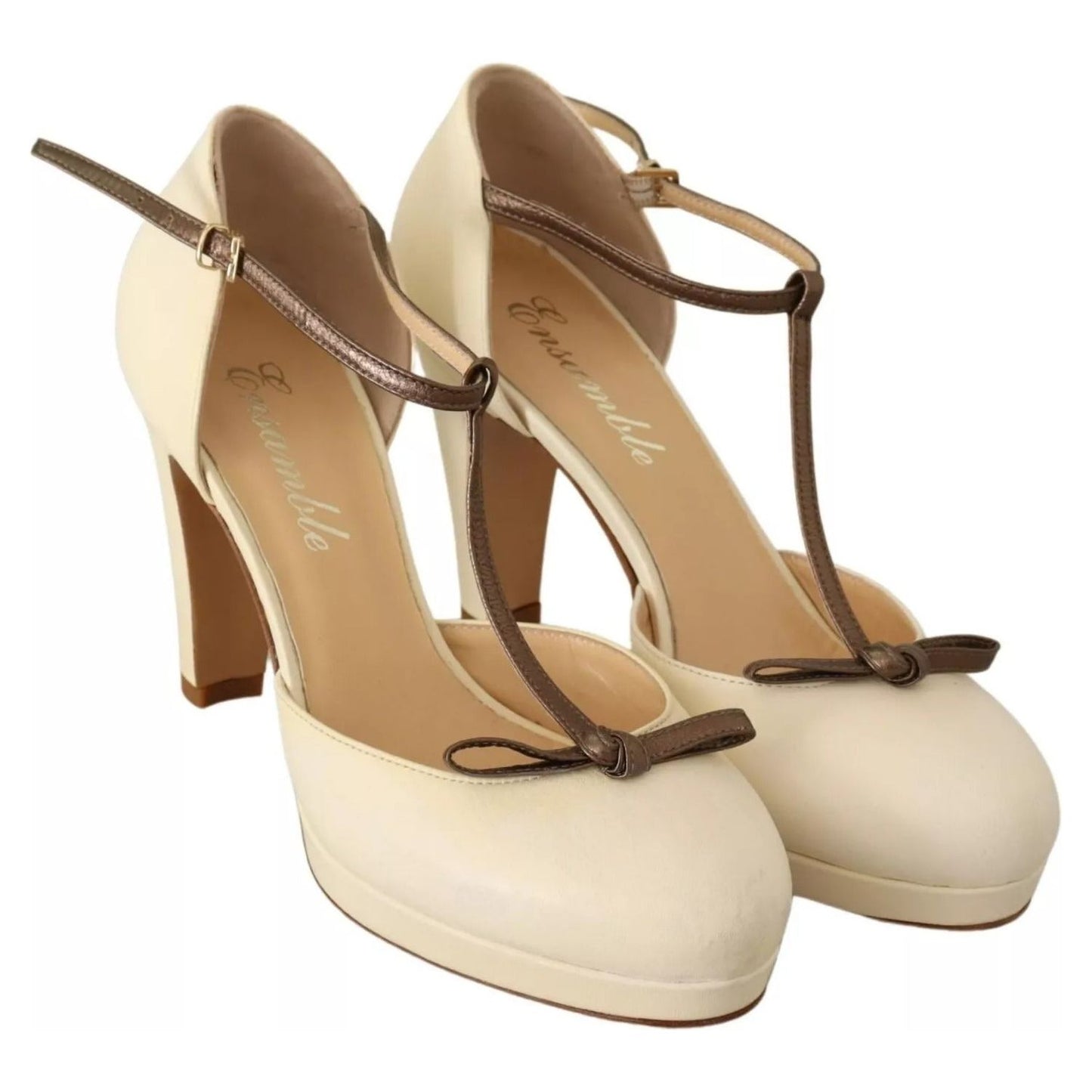 SERGIO LEVANTESI Beige T-Strap Block Heels Pumps Leather Shoes