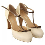 SERGIO LEVANTESI Beige T-Strap Block Heels Pumps Leather Shoes