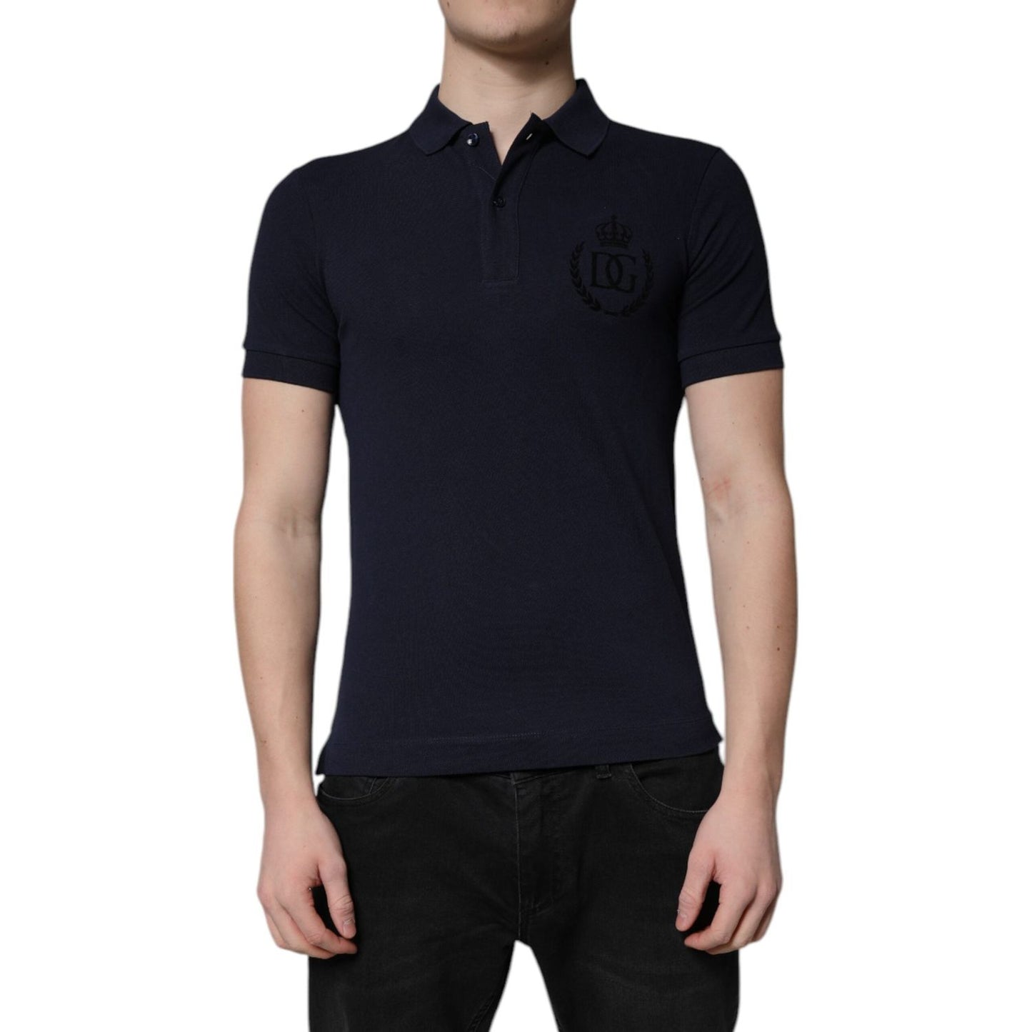 Dolce & Gabbana Dark Blue Cotton Crown Collared Polo T-shirt