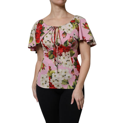 Dolce & Gabbana Pink Floral Silk Short Sleeves Blouse Top