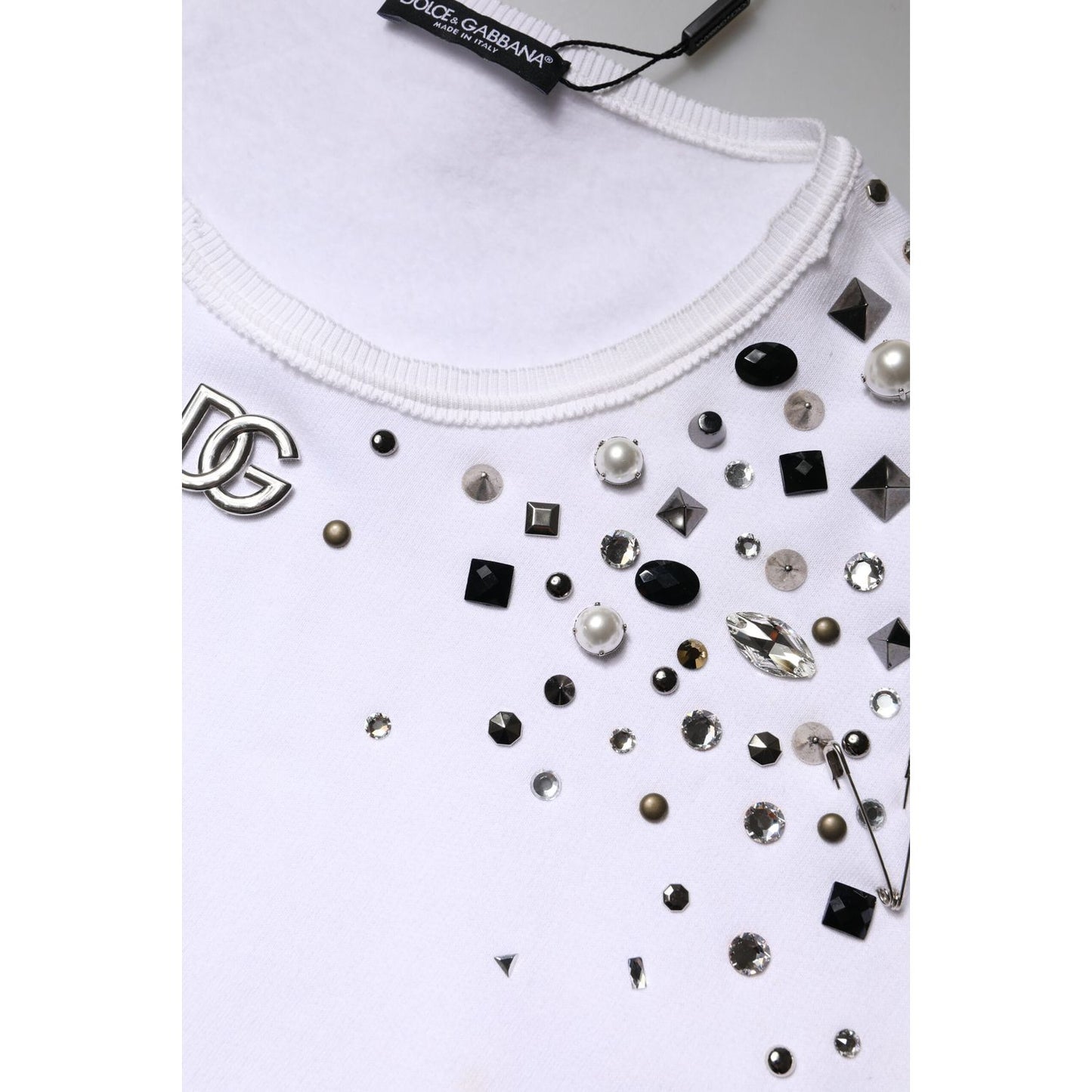 Dolce & Gabbana White Embellished Long Sleeve Cropped Sweater