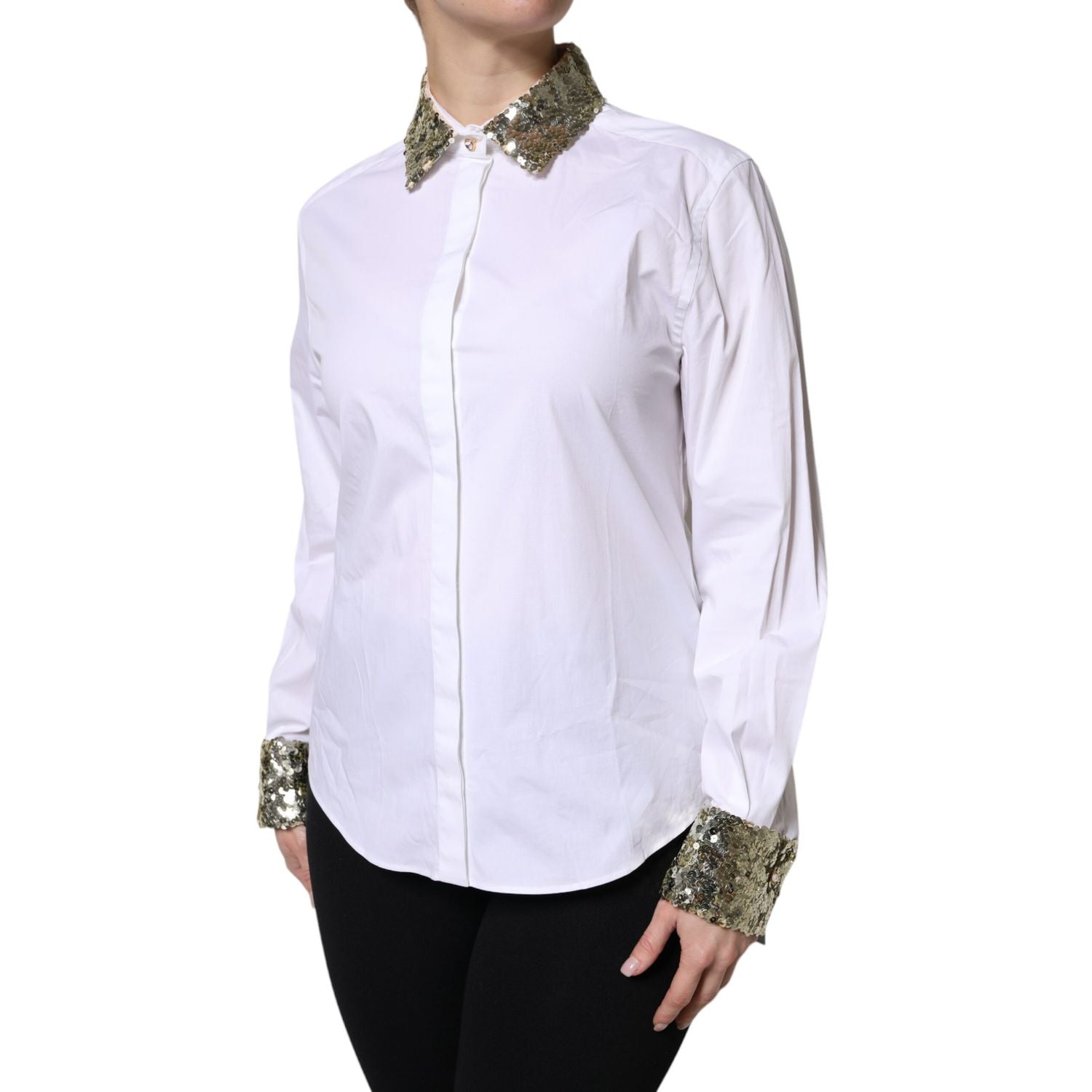 Dolce & Gabbana White Cotton Long Sleeves Sequin Shirt Top