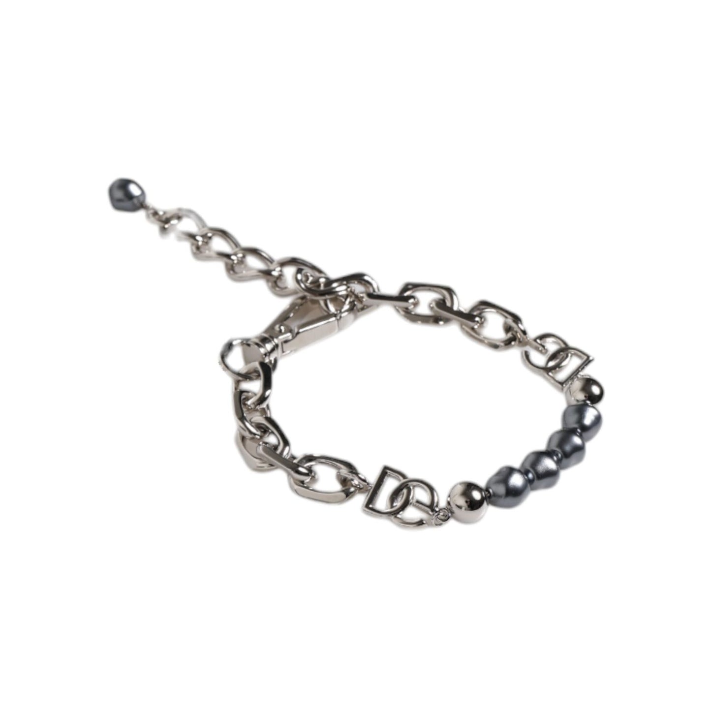 Dolce & Gabbana Silver Tone Chain Lobster Clasp Logo Gray Pearls Bracelet
