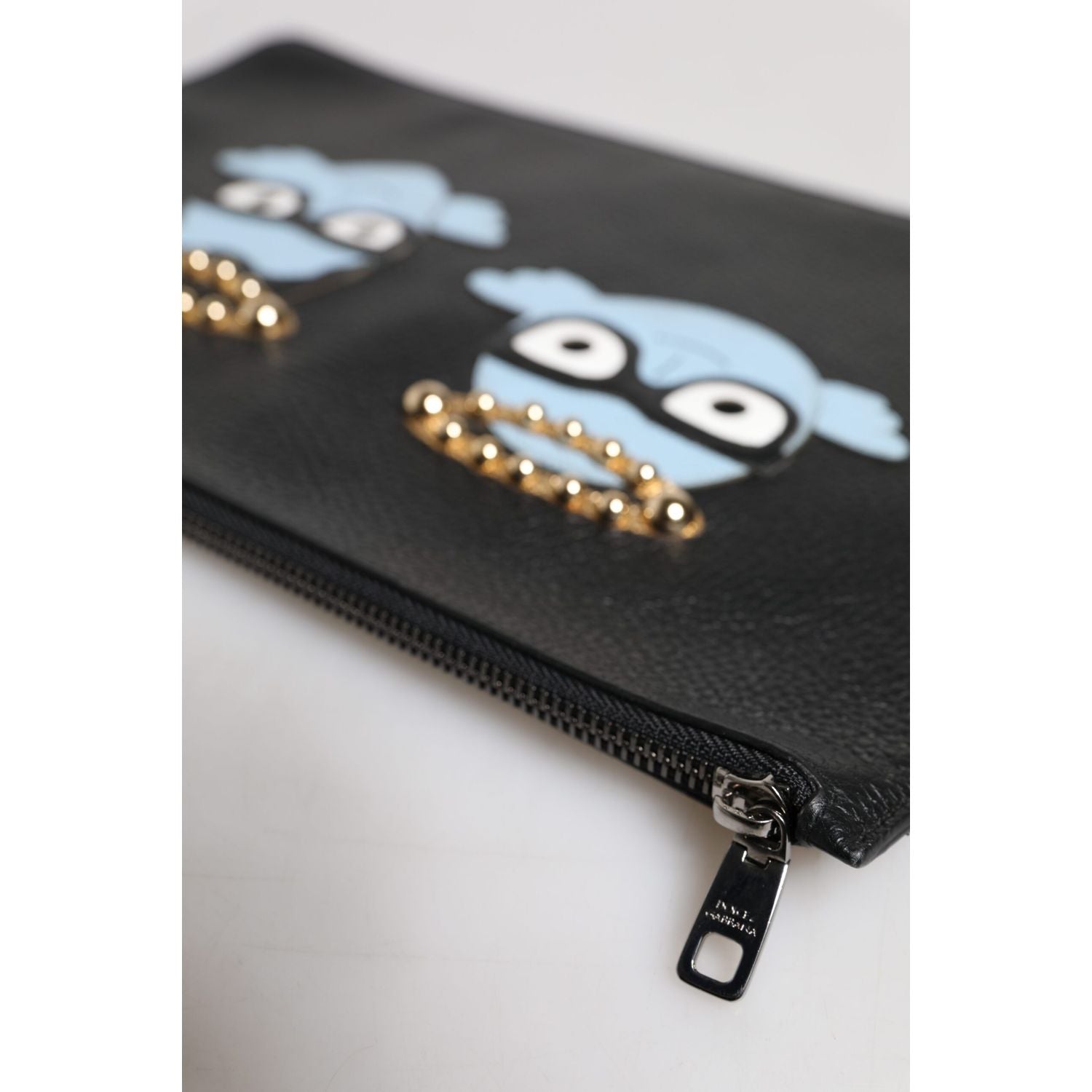 Dolce & Gabbana Black Leather #DGFAMILY Embellished Men Zip Pouch Bag