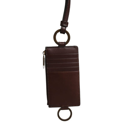 Dolce & Gabbana Brown Calf Leather Lanyard Logo Card Holder Wallet