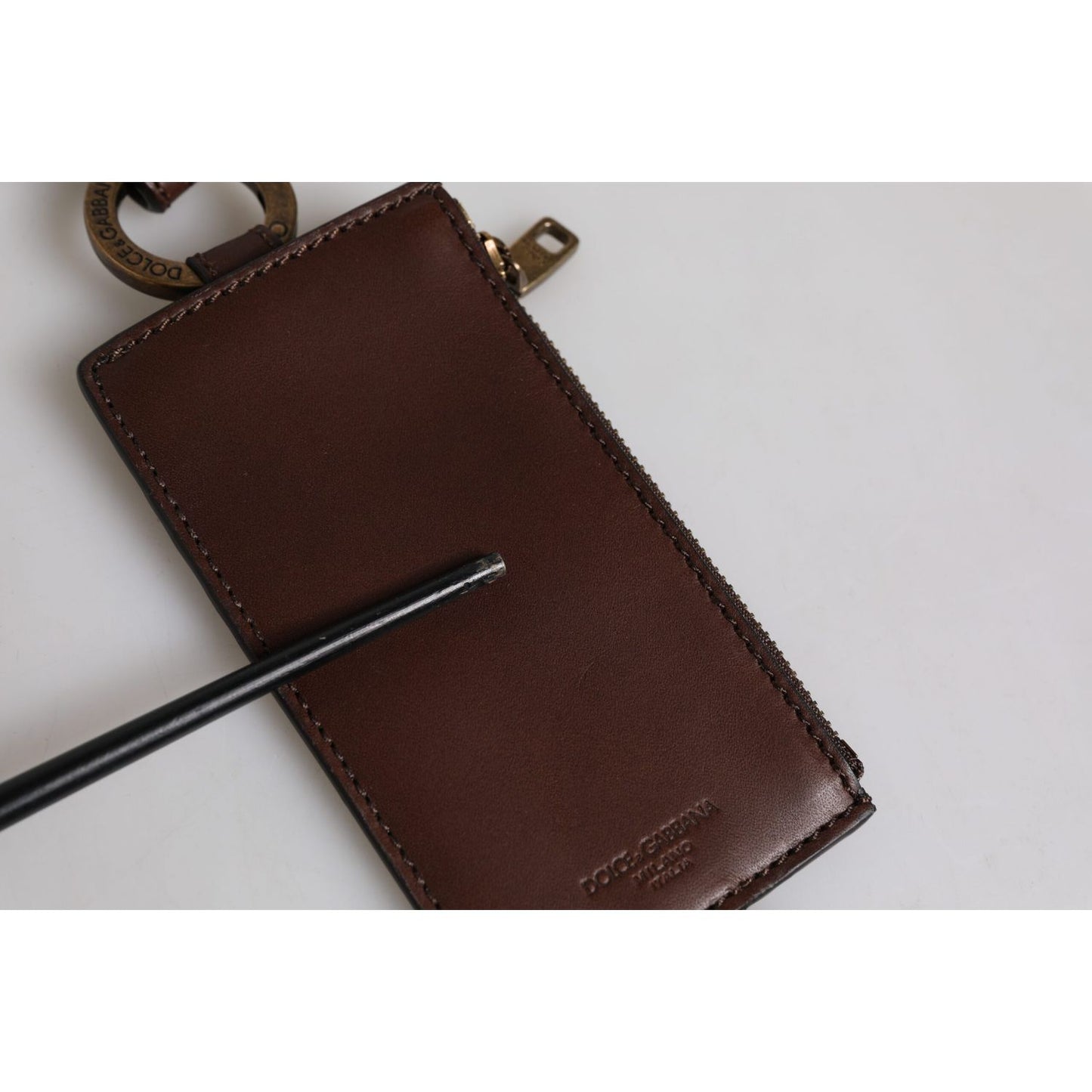 Dolce & Gabbana Brown Calf Leather Lanyard Logo Card Holder Wallet