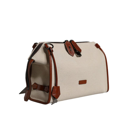 Dolce & Gabbana Beige Brown Cotton Leather Duffle Shoulder Bag