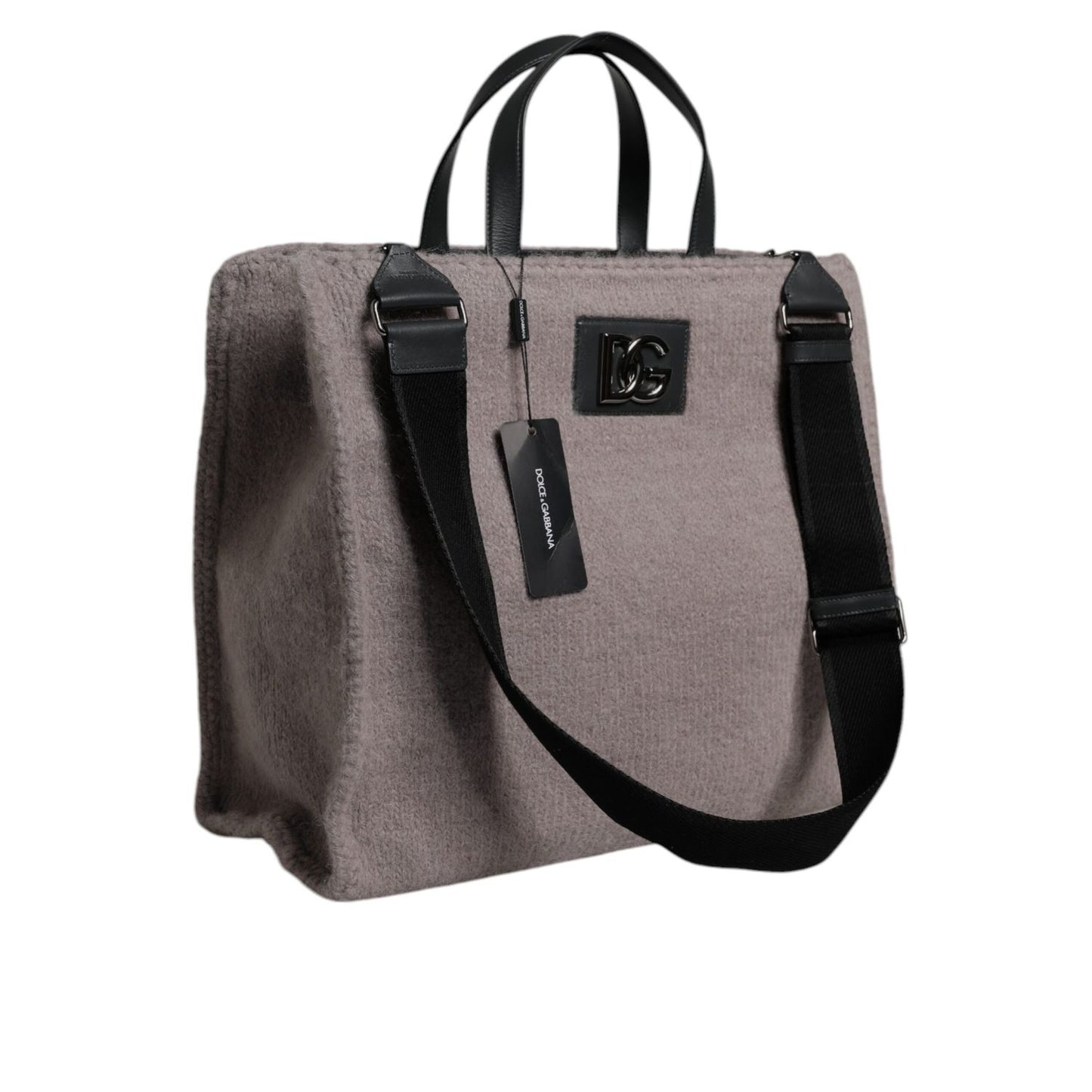 Dolce & Gabbana Grey Alpaca Wool Logo Plaque Tote Shoulder Bag