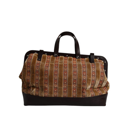 Dolce & Gabbana Beige Maroon Velvet Leather Jacquard Travel Handbag Bag