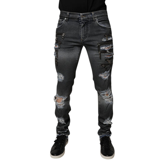 Dolce & Gabbana Dark Gray Tattered Cotton Skinny Denim Jeans