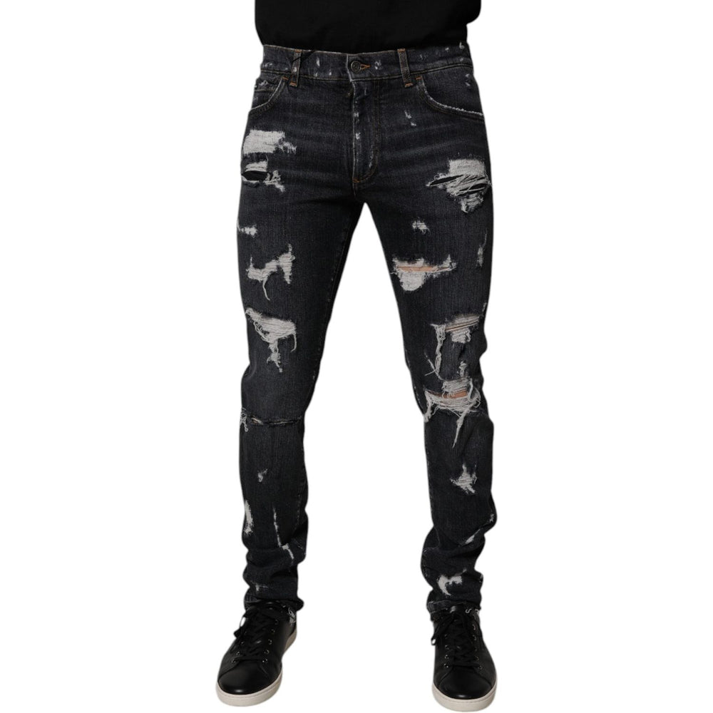 Dolce & Gabbana Black Tattered Cotton Skinny Men Denim Jeans PAN75182-48